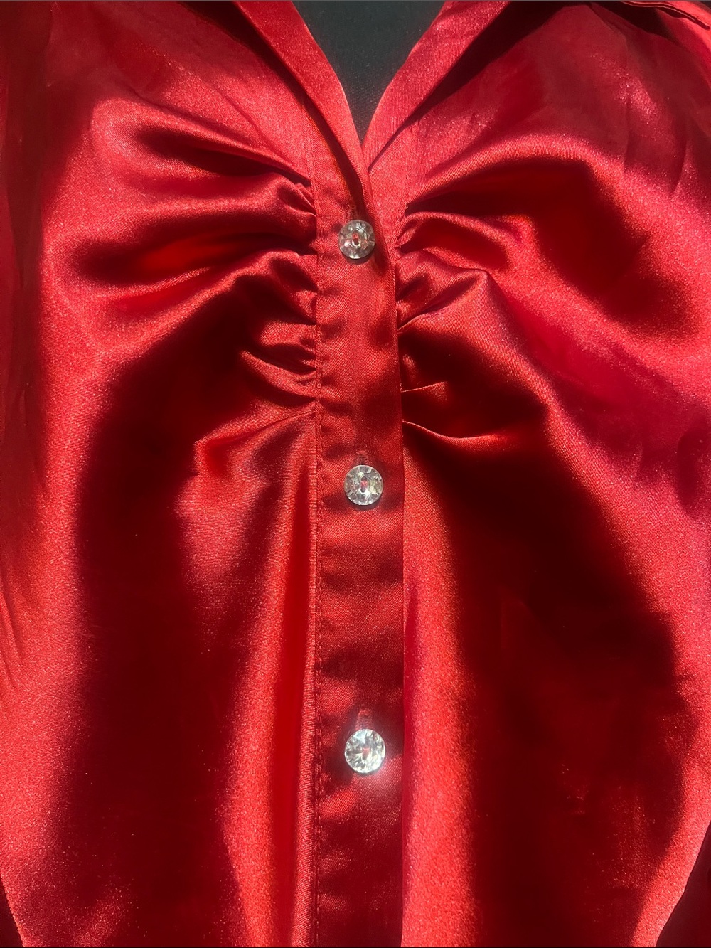 Cato Red Satin Button-Down Blouse with Rhinestone Buttons - Picture 2 of 4